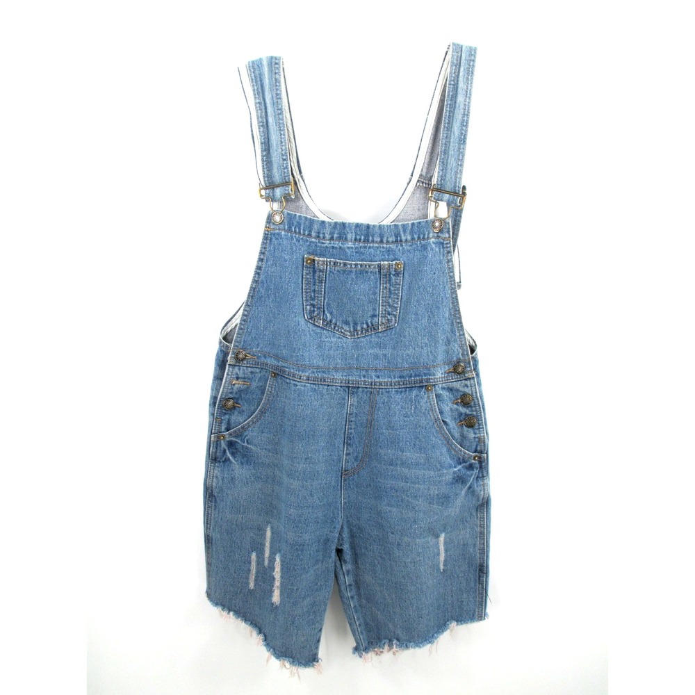 Anna-Kaci Women Medium Blue Denim Distressed Overall Shorts Preppy Country M